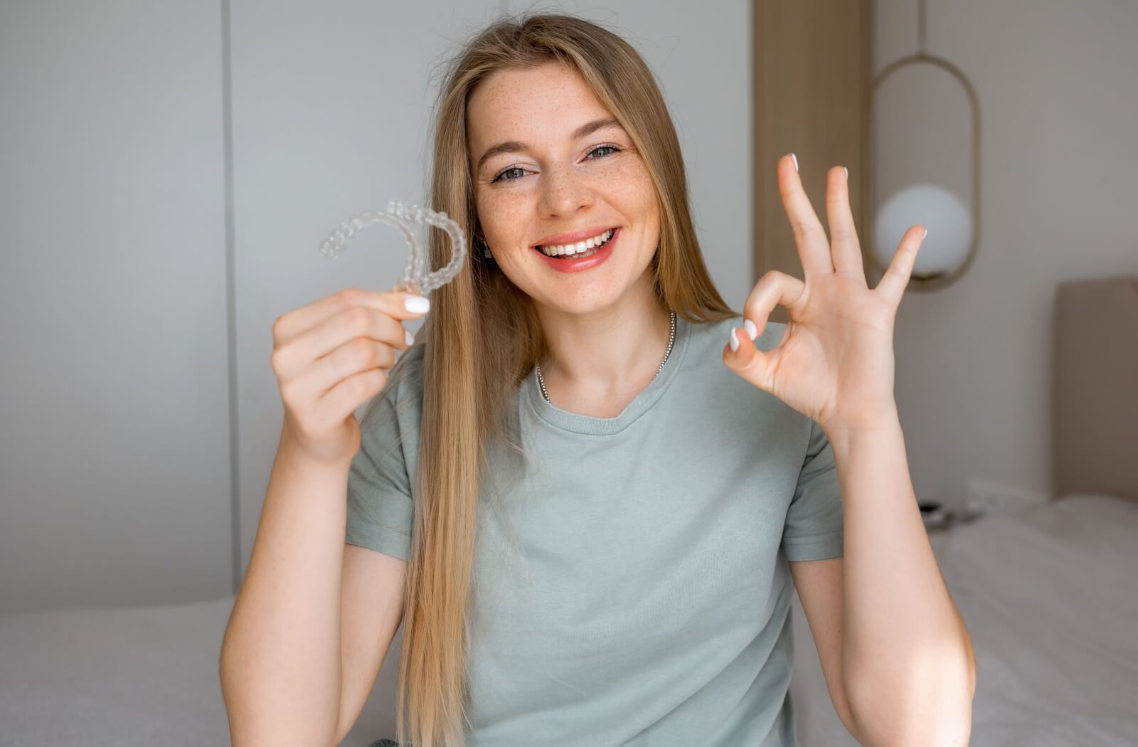 A smiling young woman with blonde hair holding up a clear Invisalign aligner and making an "OK" hand gesture.